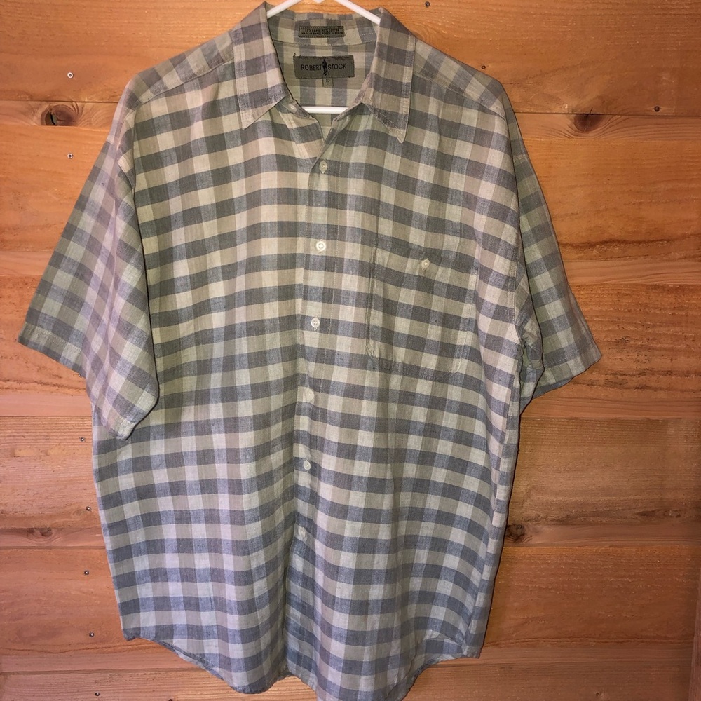 Robert Stock short sleeve plaid button front golf shirt cream/sage/gray